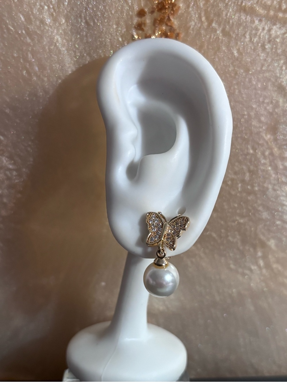Gold Butterfly Pearl Drop Earrings